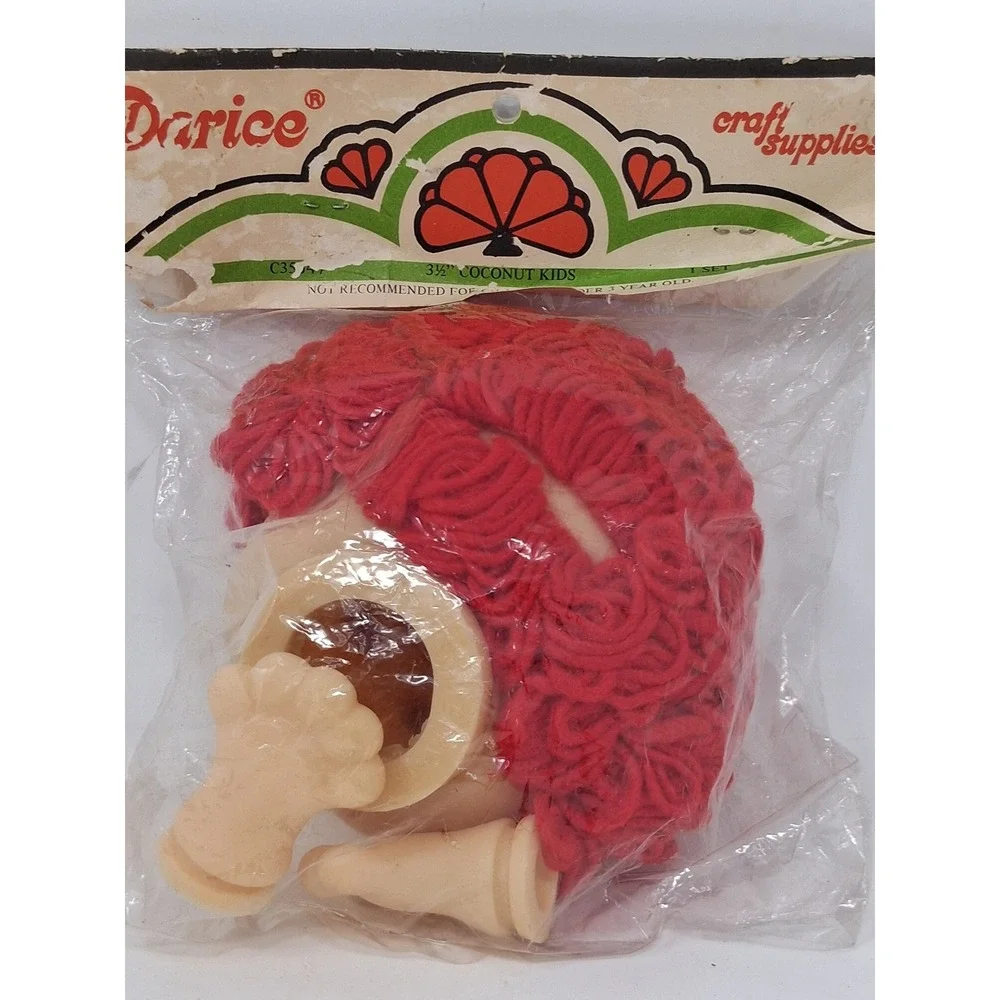Vintage Darice Coconut Kids Doll Head and Hands Set Red Yarn Hair C35047 NEW. Y